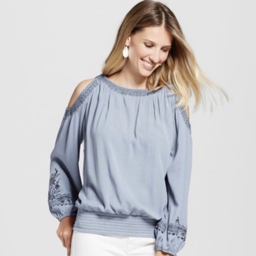 Knox Rose Womenʻs Blue/Grey Embroidered Cold Shoulder Long Sleeve Blouse Medium